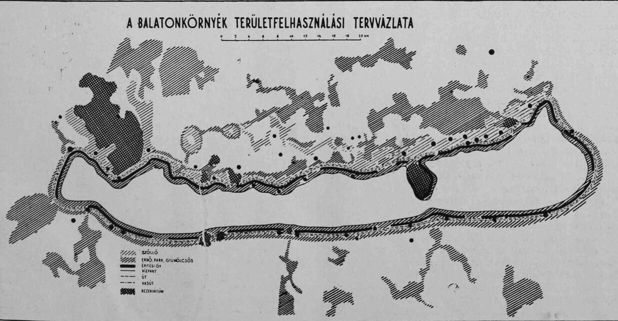 Tóth János: Balatonkörnyék rendezési tervvázlat, 1946 / Forrás: Tóth János: A Balaton környék egységes fejlesztése és rendezése. Tér és Forma 19 (1946) 1–3. 14–18.