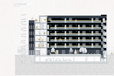 Cohousing, Budapest VIII.kerület – D-D metszet M=1:100 – Terv: Balogh Eszter