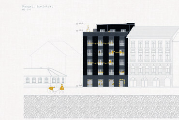 Cohousing, Budapest VIII.kerület – Nyugati homlokzat M=1:100 – Terv: Balogh Eszter