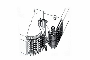 Képviseleti Irodaház, az épület felülnézeti axonometriája. | Finta József műhelye c. kötet, 1997