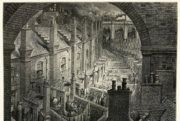 A 19 század végén a nagyvárosi nyomornegyedek áldatlan állapota késztette a döntéshozókat az első önkormányzati lakások megépítésére. Gustave Doré: Vonaton - London felet. fametszet, 1872.