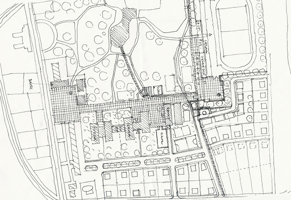 Getto Tamás: Településközpont, szabadkézi vázlat.