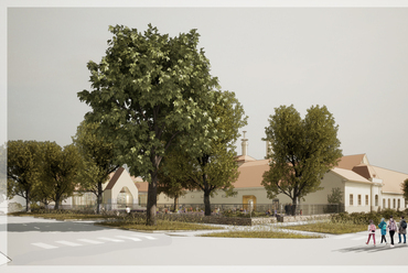 Látványterv a hátsó sarok felől – Fülöp Tibor terve a keszthelyi Ranolder-iskola megújításáról szóló tervpályázaton
