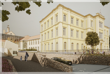 Látványterv a főépület lehajtójáról – Fülöp Tibor terve a keszthelyi Ranolder-iskola megújításáról szóló tervpályázaton
