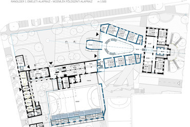 Első emeleti alaprajz – Fülöp Tibor terve a keszthelyi Ranolder-iskola megújításáról szóló tervpályázaton
