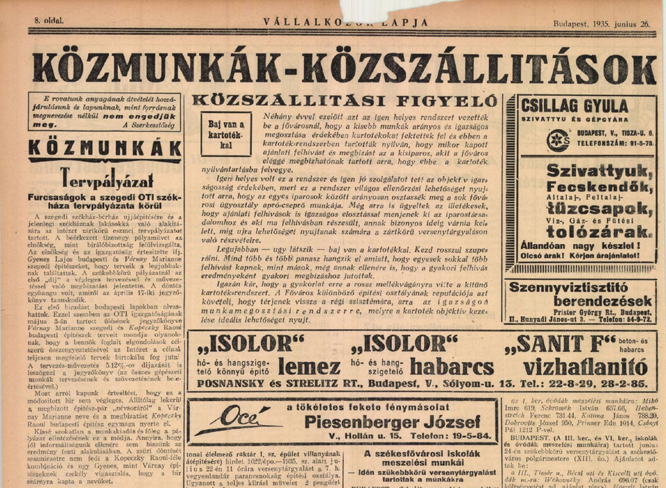 Az OTI-székház pályázata körüli bonyodalmakról szóló beszámoló a Vállalkozók Lapja 1935. június 26-i számában. Forrás: ADT Arcanum