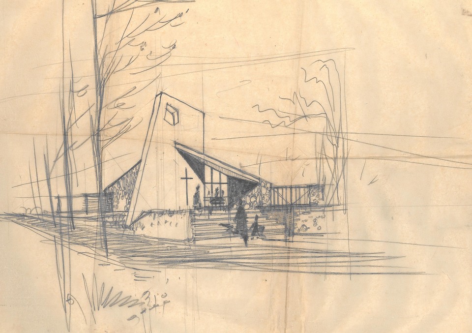 Csaba eredeti rajza a templomról, 1959 körül. Itt még más a kerítés helyzete és a harangfal kialakítása is a megvalósulthoz képest.