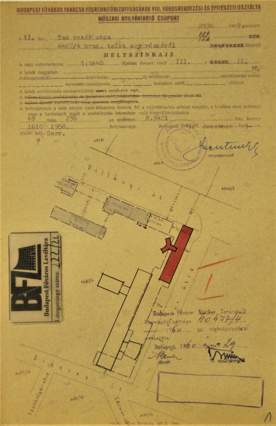Helyszínrajz - Kísérleti lakóház a Villányi úton, 1960. Forrás: Budapest Főváros Levéltára
