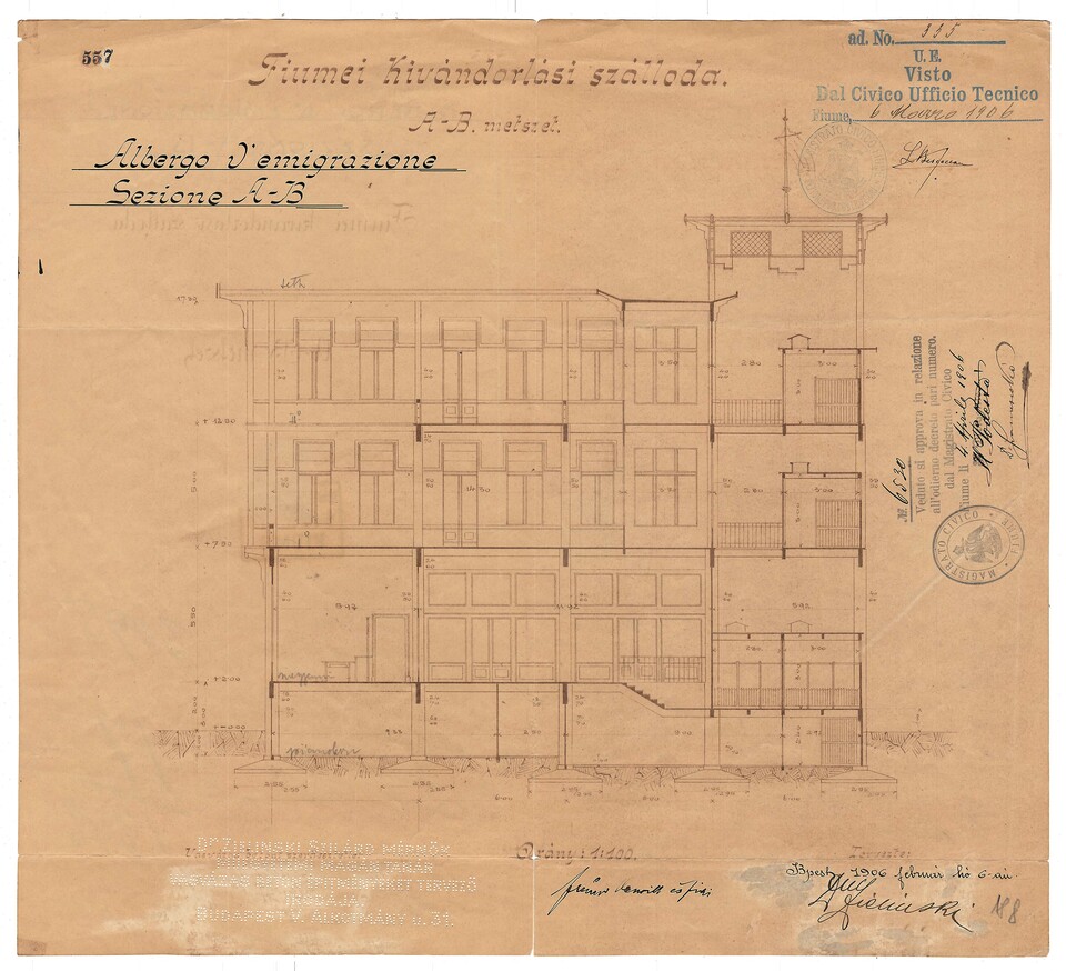 A fiumei Kivándorlók Szállodájának keresztmetszete (építész: Zielinski Szilárd), 1906. Fiumei Állami Levéltár