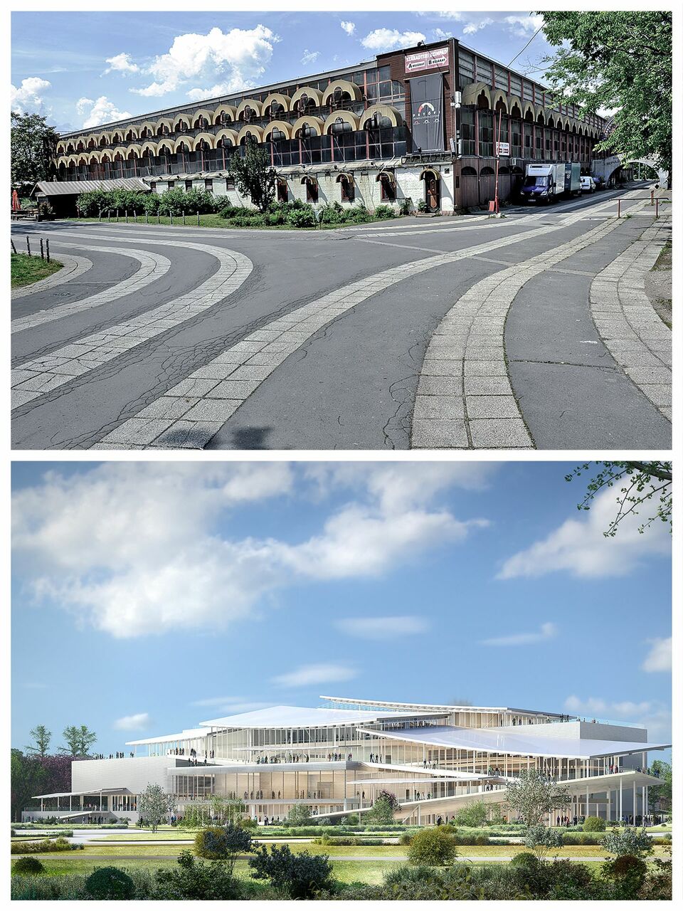 Az elbontott Petőfi Csarnok és az Új Nemzeti Galéria látványterve. Forrás: Liget Budapest
