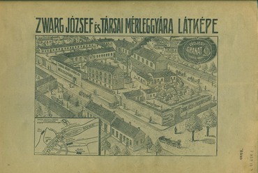 A gyár 1904-es állapotának látképe és elhelyezkedése Budapest térképén. A grafika a mérleggyár 1914-es árjegyzékében található, készítette Klösz György.
© Magyar Kereskedelmi és Vendéglátóipari Múzeum
