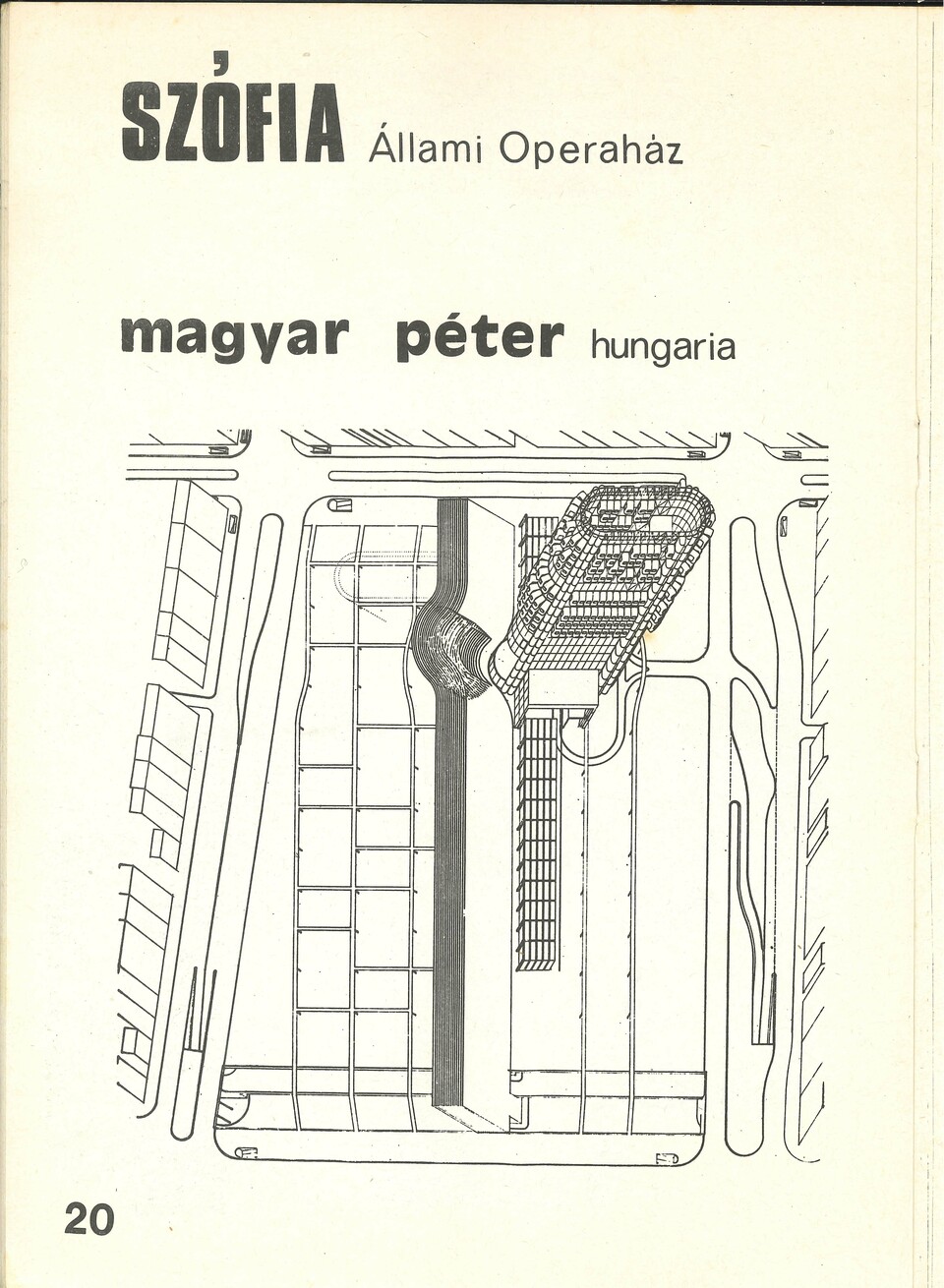 Magyar Péternek a szófiai operaházhoz készített pályázatát bemutató oldal a Bercsényi 28-30 1974/2. számából