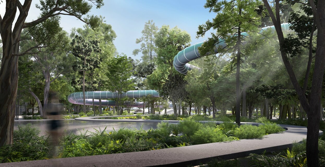A MÁS építészek és a Perényi studio megosztott harmadik díjas terve a pécsi aquapark tervpályázaton