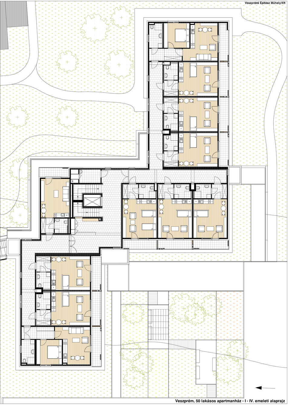 I-IV emeleti alaprajz – Veszprémi Építész Műhely: 50 lakásos apartmanház idősek számára, Veszprém.