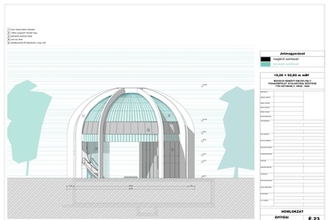 A tervezett átalakítás: a koronaépület homlokzati rajza. Forrás: Vadász és Társai Építőművész Kft.és ddnp.hu/E-Építés
