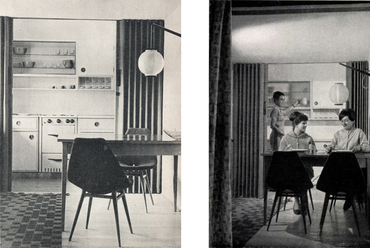 527. sz. épület, négyférőhelyes lakás nappali szobával és konyhával egybenyitható étkezőfülkéje (forrás: Magyar Építőművészet, 1961/10. évfolyam, 1-6. szám)
