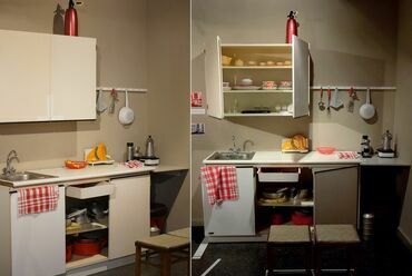 Rekonstruált házgyári konyha a Házgyári konyhaprogram 1972–1975 című kiállításon (forrás: Ponton Galéria)
