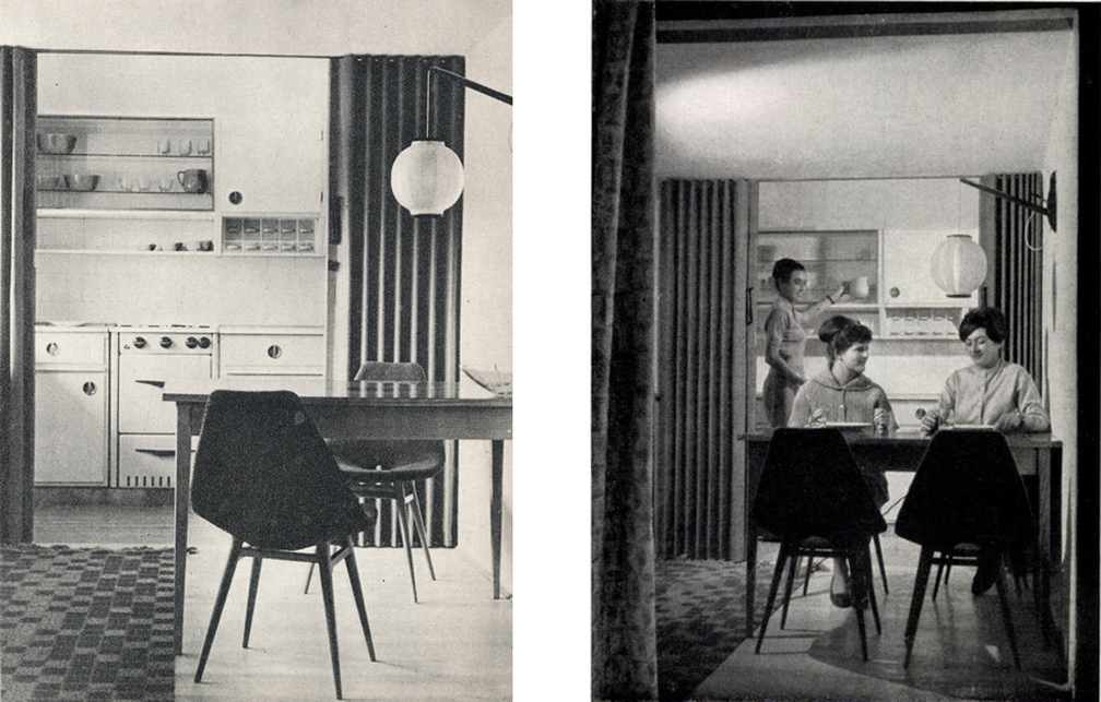 527. sz. épület, négyférőhelyes lakás nappali szobával és konyhával egybenyitható étkezőfülkéje (forrás: Magyar Építőművészet, 1961/10. évfolyam, 1-6. szám)

