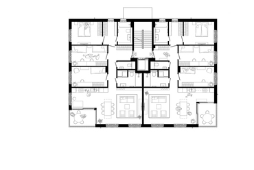 Emeleti alaprajz. STUDIO KRAFT: H151 ötlakásos társasház Lipótmezőn.
