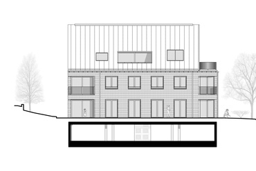 Délkeleti homlokzat. STUDIO KRAFT: H151 ötlakásos társasház Lipótmezőn.
