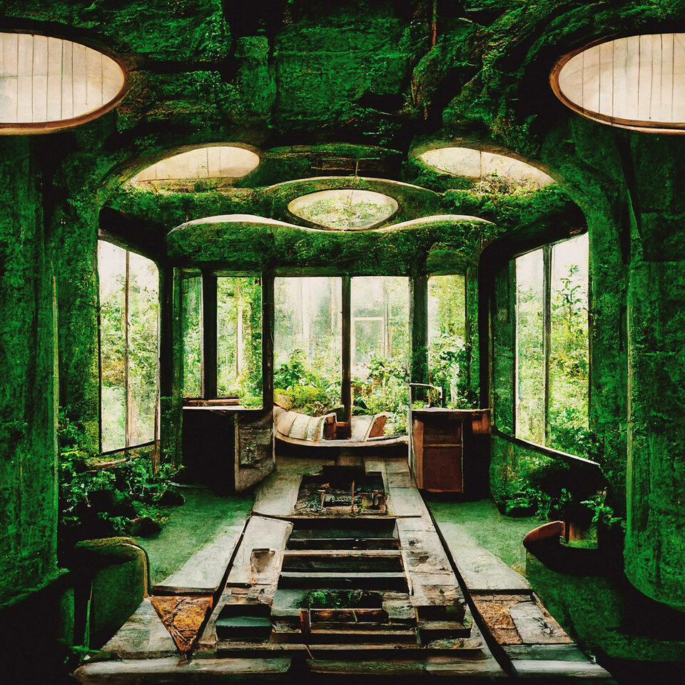 Midjourney: Inside abandoned house - Solarpunk style. by kevin dooley is licensed under CC BY 2.0.