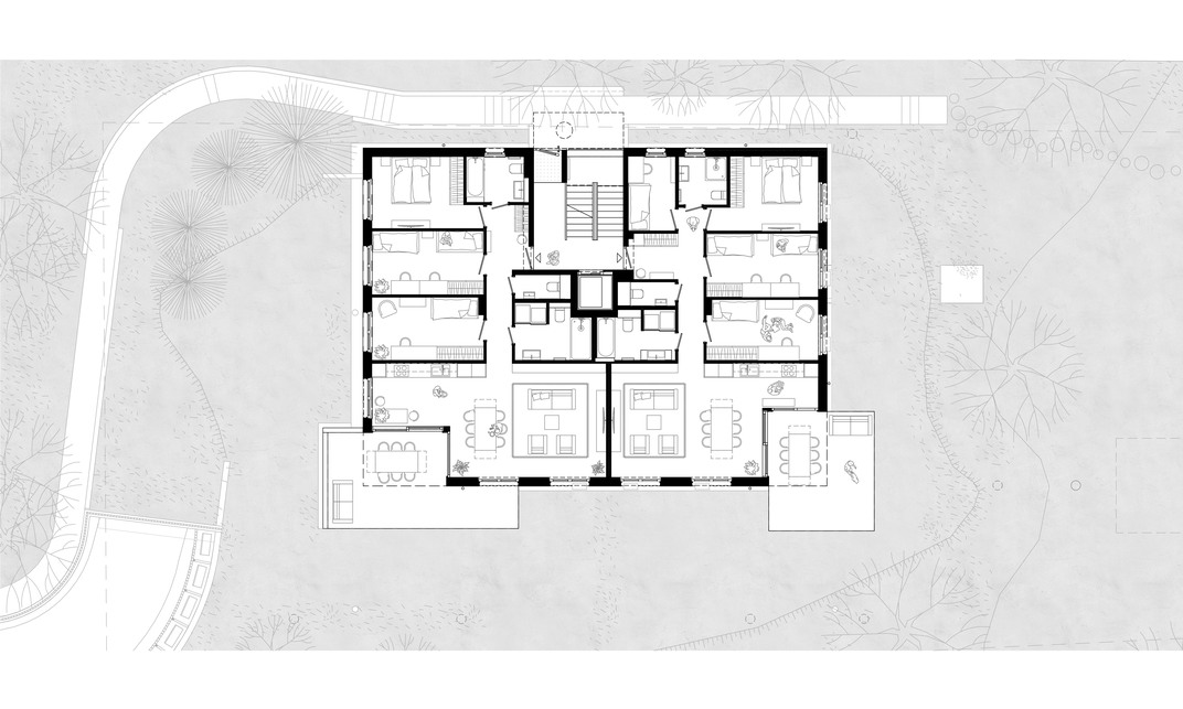 Földszinti alaprajz. STUDIO KRAFT: H151 ötlakásos társasház Lipótmezőn.
