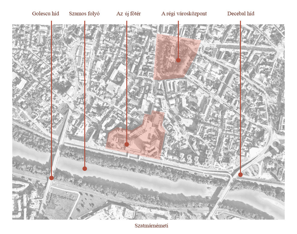 Az új főtér (Piața 25 Octombrie) és a régi főtér (Piața Libertății) elhelyezkedése. A képet szerkesztette Laczka Áron. A fotó forrása: https://earth.google.com