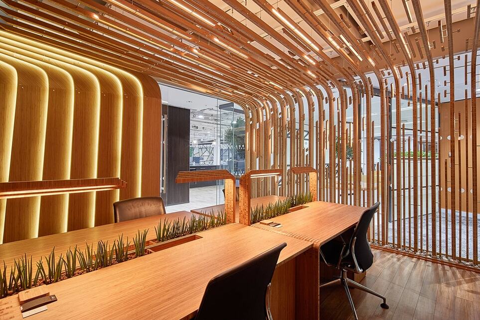 DAEWHA KANG DESIGN: The Shard Living Lab, London. Kísérleti munkakörnyezet, amely a biophilic design hatását méri a dolgozók jóllétére és termelékenységére. Forrás: daewha.com