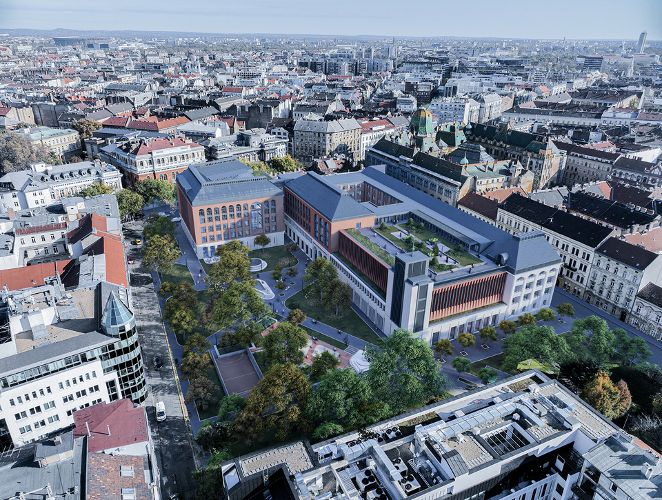 Látványterv. A Károli Gáspár Református Egyetem új épületegyüttese – Az A3 Építész Kft. kiemelt megvételt nyert terve. 2024.