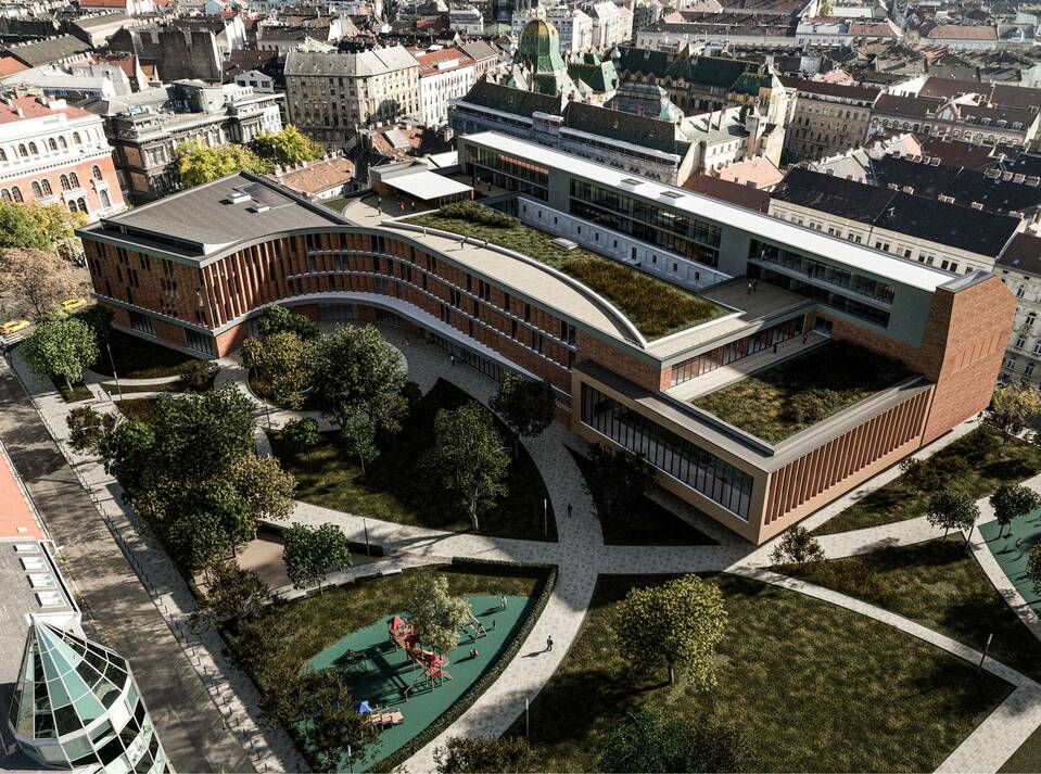 Madártávlat. A Károli Gáspár Református Egyetem új épületegyüttese. A 3Z Építész Stúdió kiemelt megvételt nyert terve. 2024.
