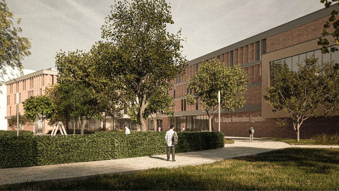 Látványterv. A Károli Gáspár Református Egyetem új épületegyüttese. A 3Z Építész Stúdió kiemelt megvételt nyert terve. 2024.