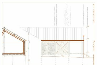 Konyha metszet, homlokzat. Kis-hegyi Kultúrkert, kortárs tájház. Pályi Blanka diplomaterve. 2024.
