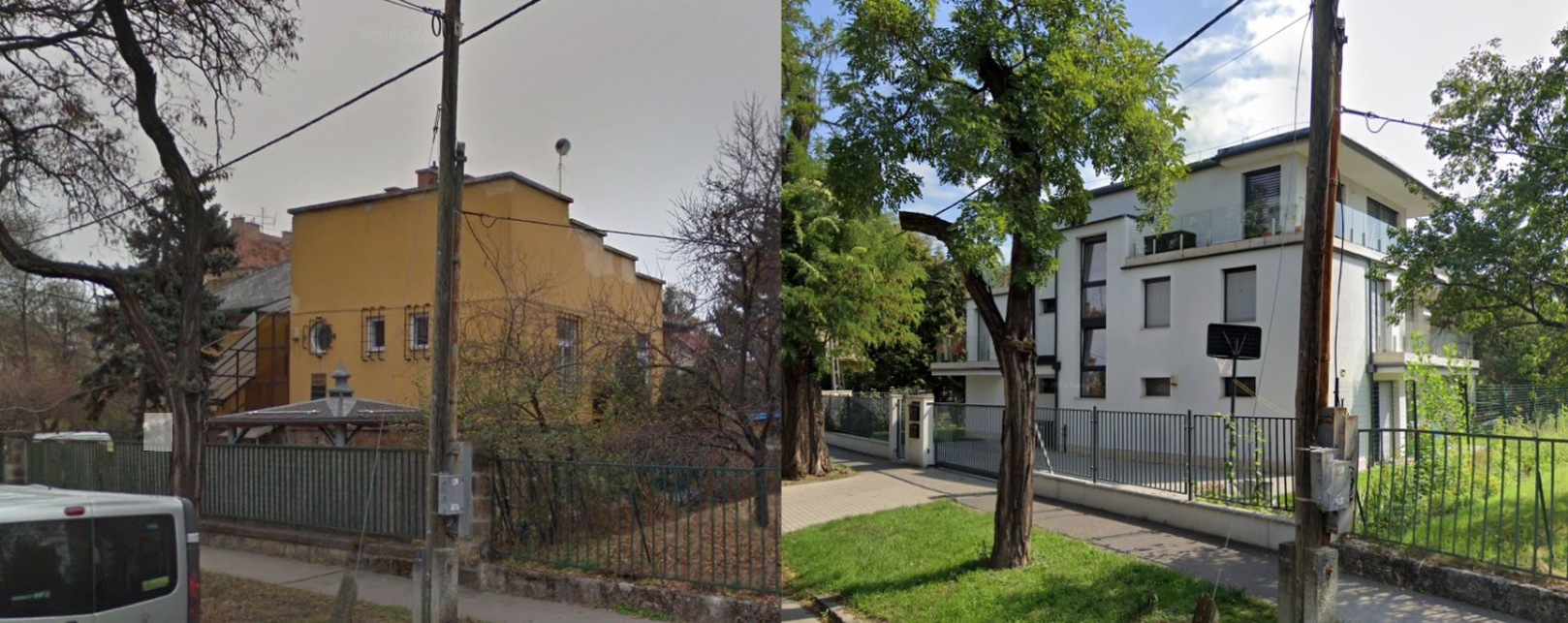 Budapest, Torontál utca 30; korrekt modern/art deco családi ház helyén ízetlen „minimalista” társasház – képek forrása: Google Streetview.