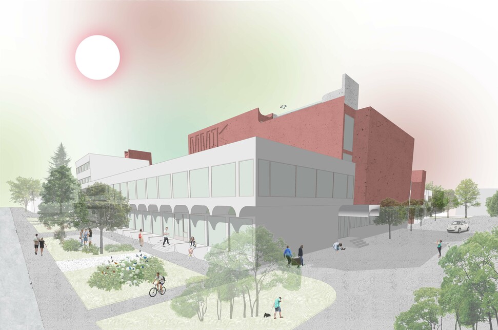 Látványterv a parkoló felől. Multidiszciplináris művészeti és inspirációs központ - MMIK revitalizáció. Zalaegerszeg. Gyarmati Dóra diplomaterve. 2024.