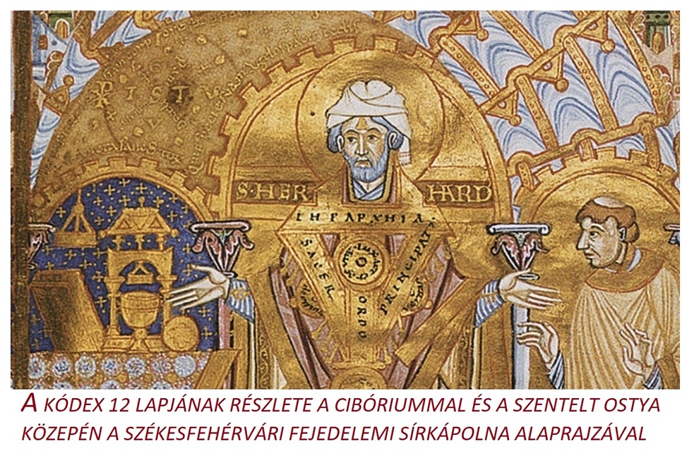 A kódex 12. lapján a cibórium és a szentelt ostya, közepén a székesfehérvári kápolna alaprajzával.