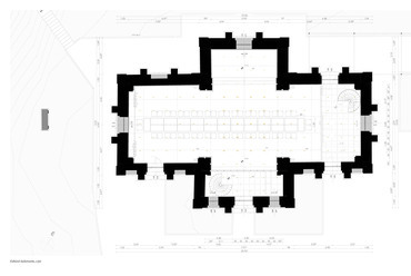 Bútorozási alaprajz – esküvő. Kálvária Kultúrközpont: templomrevitalizáció Gyöngyösön – Husti Nikolett diplomamunkája.
