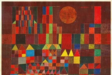 Paul Klee Burg und Sonne festménye. A vörösen perzselő Nap alatt megannyi szín és forma. Saját térszeletét mindenki saját igényére és kedvére adaptálja az átalakult klímaviszonyokkal is működő, tovább formálódó világban. Forrás: Wikipedia
