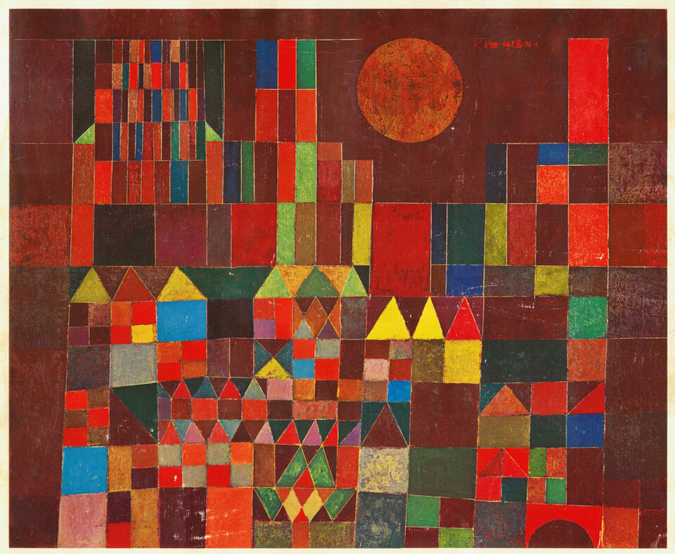 Paul Klee Burg und Sonne festménye. A vörösen perzselő Nap alatt megannyi szín és forma. Saját térszeletét mindenki saját igényére és kedvére adaptálja az átalakult klímaviszonyokkal is működő, tovább formálódó világban. Forrás: Wikipedia