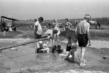 Csisztapuszta, olajkutató fúrásnál ásványi anyagokban gazdag melegvizet találtak. Helyiek fürdőznek a termálvízben, 1956. Forrás: Fortepan 78721 / Berkó Pál
