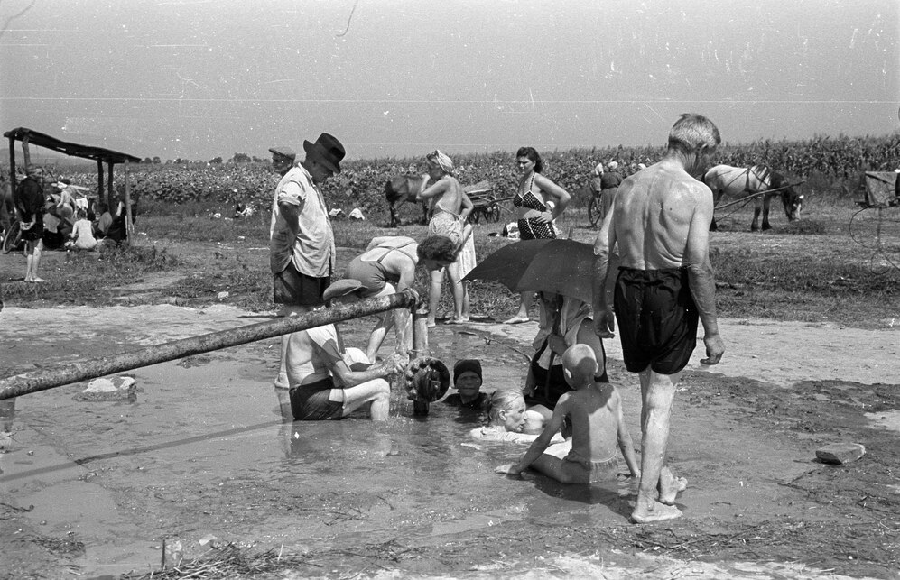 Csisztapuszta, olajkutató fúrásnál ásványi anyagokban gazdag melegvizet találtak. Helyiek fürdőznek a termálvízben, 1956. Forrás: Fortepan 78721 / Berkó Pál
