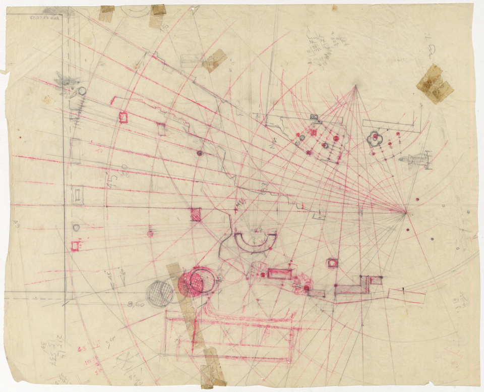 Dimítrisz Pikionisz: Az athéni Akropolisz körüli ösvényhálózat szerkesztési rajza. (1954-1957) Forrás: Benaki Museum Athens/Modern Greek Architecture Archives, Dimitris Pikionis Archive